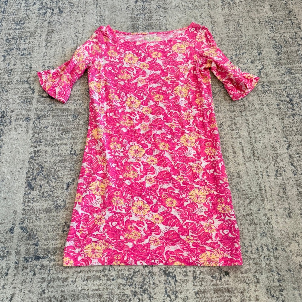 LILLY PULITZER Womens XS Pink Yellow Floral Sea Life Cotton Bell Sleeve Dress